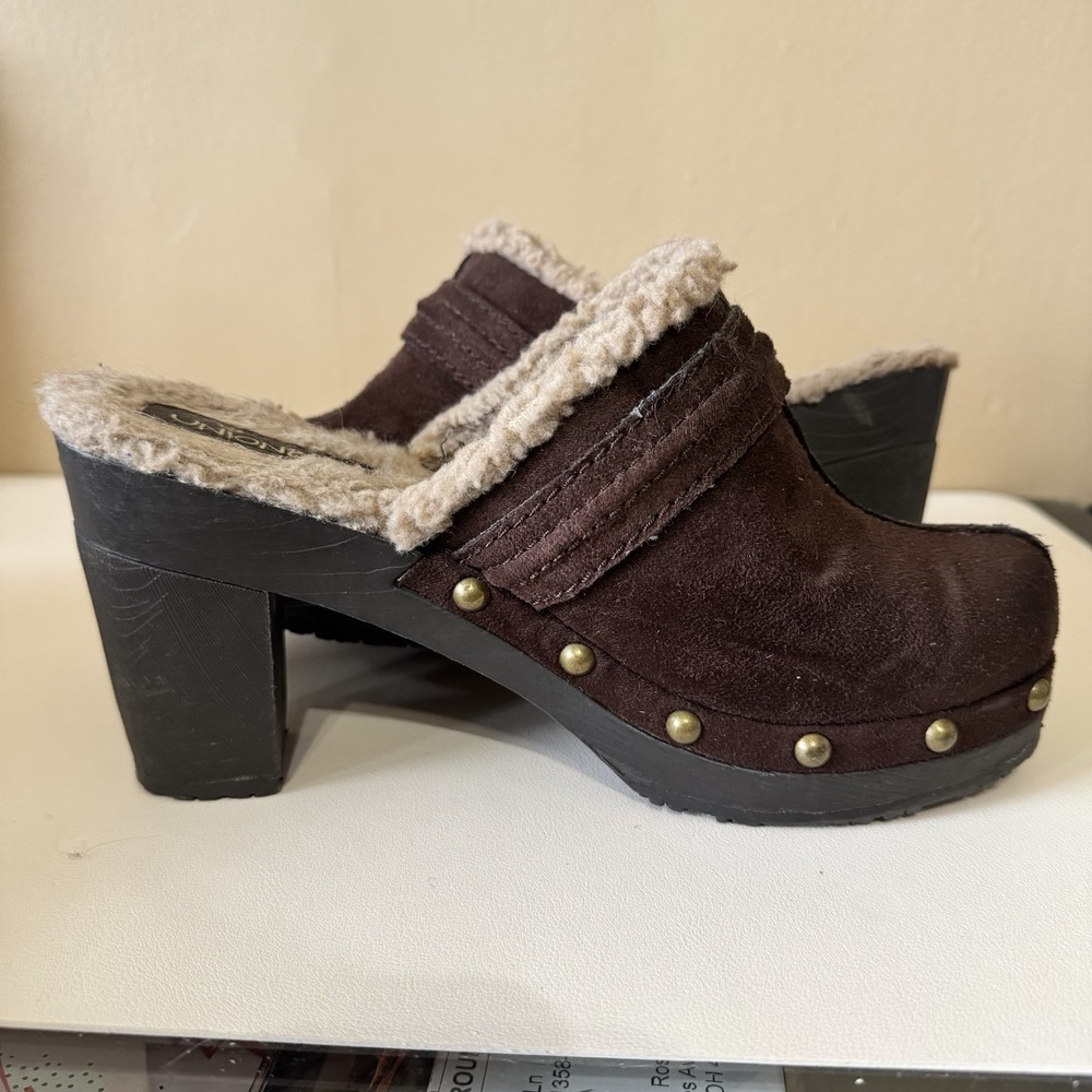 Vintage 90s Y2K Unionbay Studded Heel Platform Sherpa Clogs Women's Sz 7.5 Boho - Picture 5 of 7